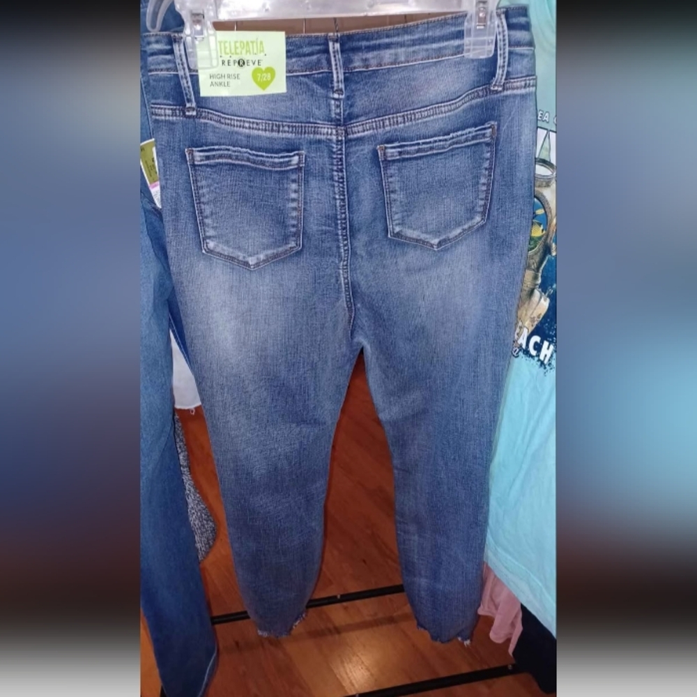 Telfar Blue Distressed Jeans High Rise - Picture 3 of 5